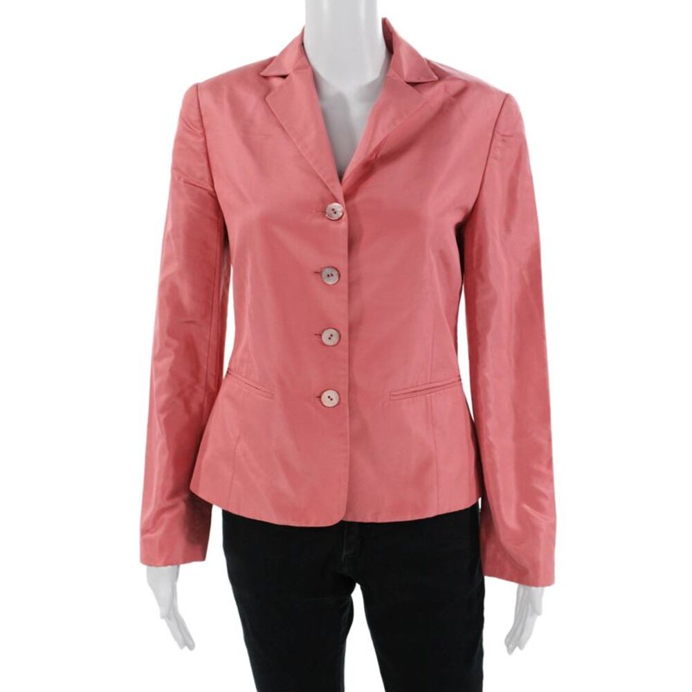 Oscar de la Renta Womens Pink Silk Collared Button Blazer Long Sleeve Size 4